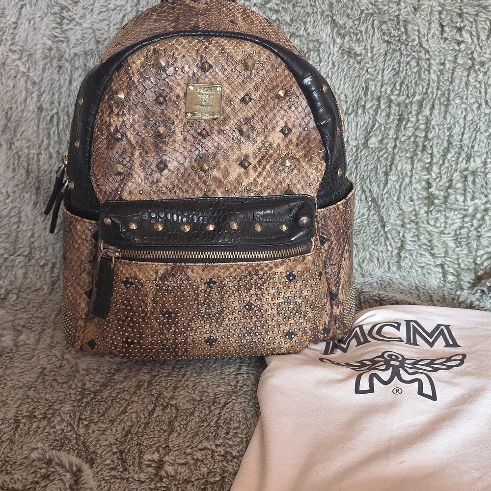MCM Snakeskin Studded Backpack